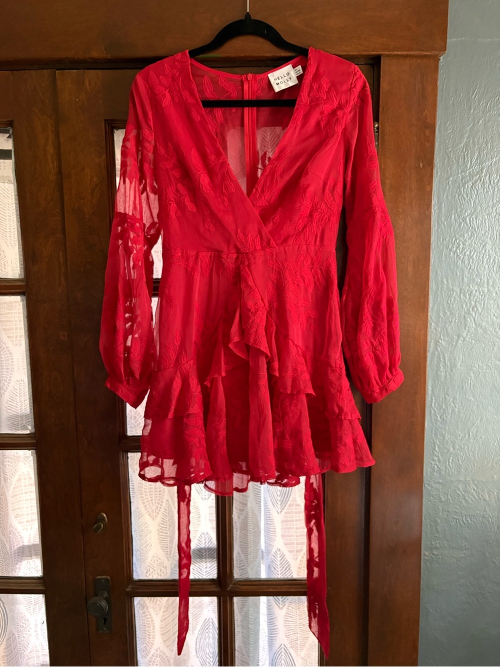 Hello Molly I Heard A Rumor Red Embroidered Long Sleeve Flounce Mini Dress US 6 - Picture 9 of 14